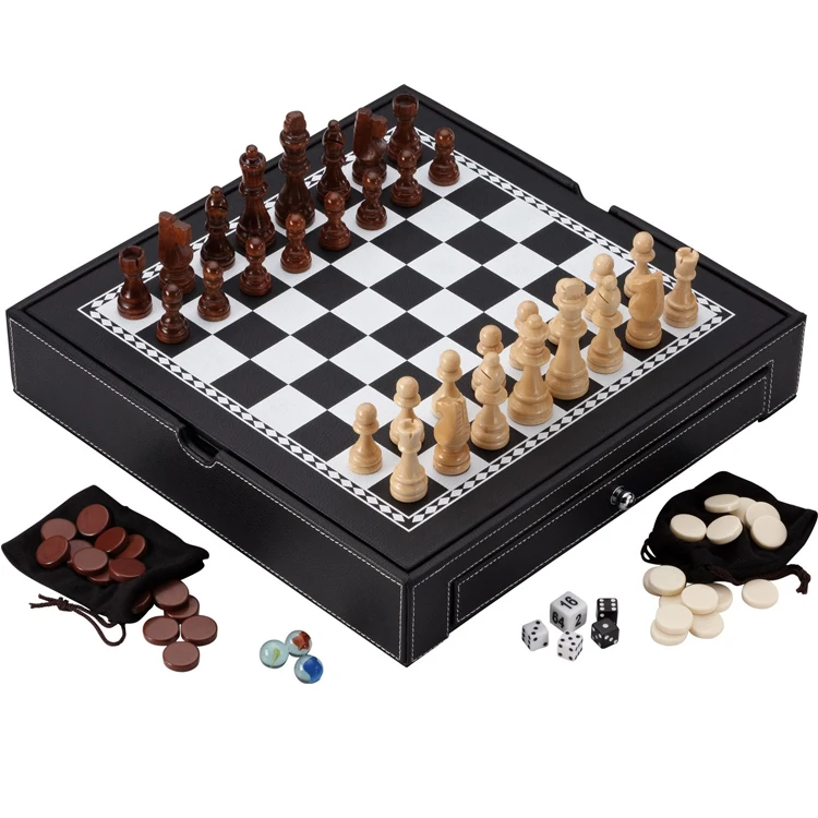 vintage deluxe chess/checker/backgammon/domino/card board game set. wood & glass