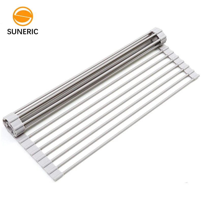 

Kitchen over the sink roll up stainless steel silicone folding racks drying dish rack, Gray