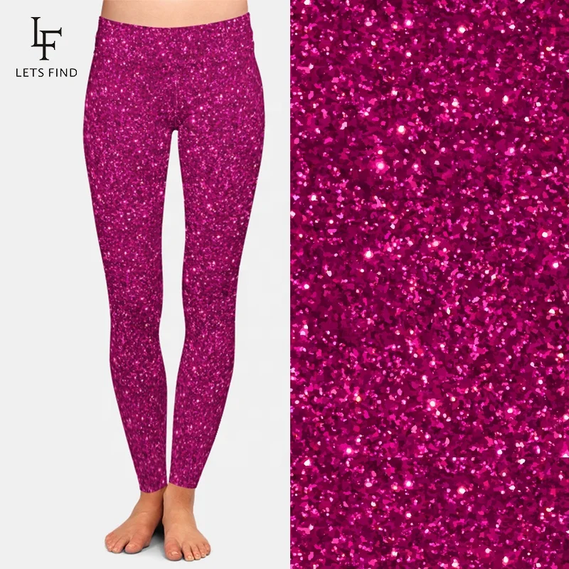 

92% polyester 8% spandex high waist women full length yoga pants scale custom pink glitter printed soft fabric leggings