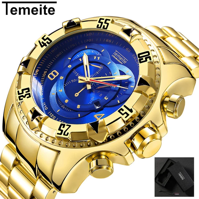 

TEMEITE Relogio Masculino Top Brand Luxury Gold Big Dial Men's Quartz Watches Waterproof Wristwatch Male Military Watch