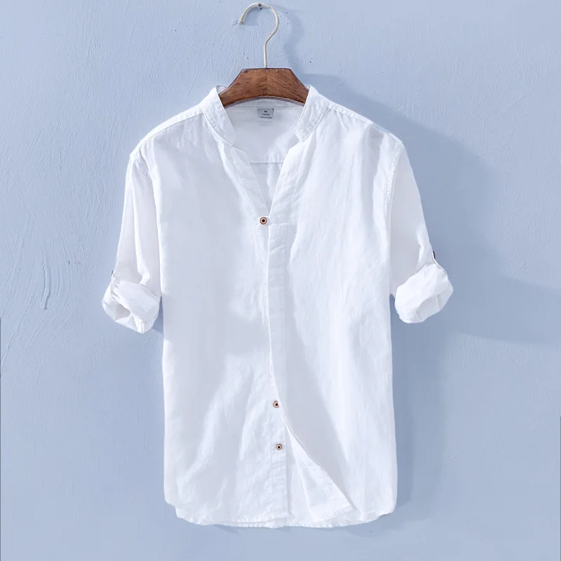 Long Sleeve Men Vintage Chinese Mandarin Collar Linen Shirts