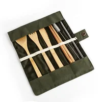 

Nature Picnic Stainless Steel Straws Cleaning Brush Bamboo Forks, Knives, and Spoons Cutlery Set with Canvas Bag