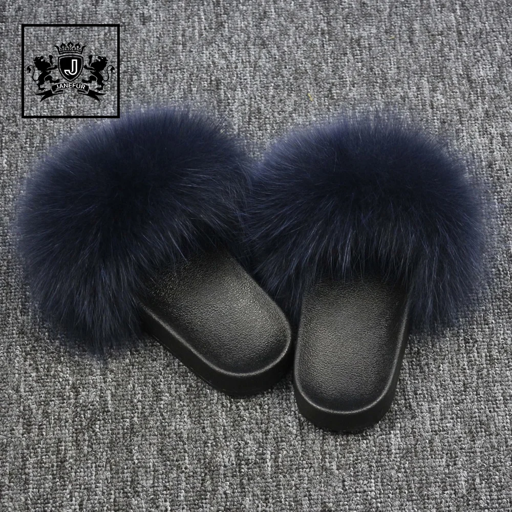 

Quick Order Navy Fox Fur Slippers UK Sliders Custom Made Flip Flops, We can dyeing any color