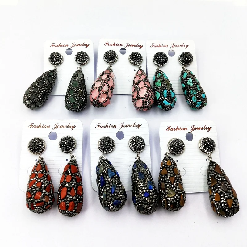 

Wholesale natural gemstone dangle earrings drop shape earring pave rhinestone crystal jewelry colorful design handmade charms, Multi