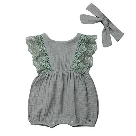 

Linen Kids Clothing Clothes Summer Baby Girls Rompers With Headband M90507