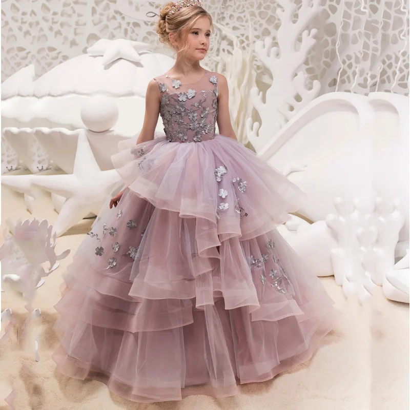 

ZH1183B High quality Tulle butterfly princess Dresses illusion Gowns Kids Wedding flower baby girl party dress, Customer made