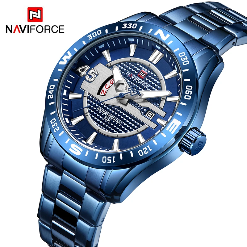 

NAVIFORCE 9157 Mens Luxury Stainless Steel Week Date Watches Business Quartz Luminous Fashion Wristwatch, 5 colors