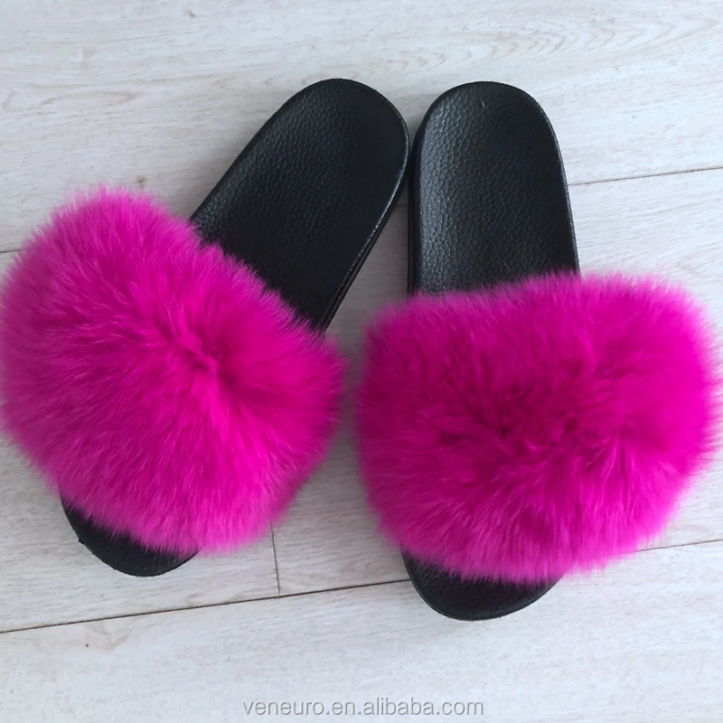 

Fashion Design Women Real Big Fox Fur Sandal Soft Furry Slides Indoor And Outdoor Slippers, Customized color