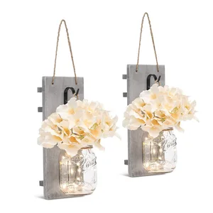 Image of 2-Pack Wrought Iron Hooks Silk Hydrangea LED Strip Lights Design Rustic Home Decor