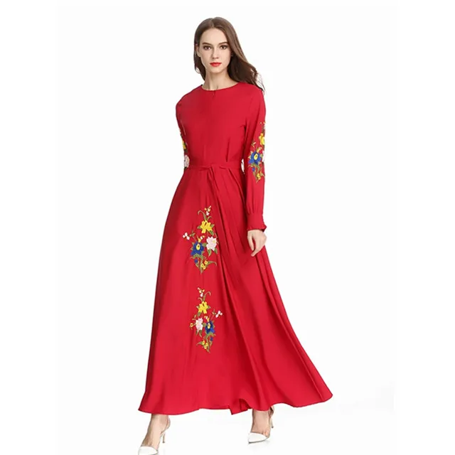 

Ababya New Fashion Zipper Front Embroidery Flower Malaysia Women Long Beauty Dress, Red;yellow;navy or as requirements