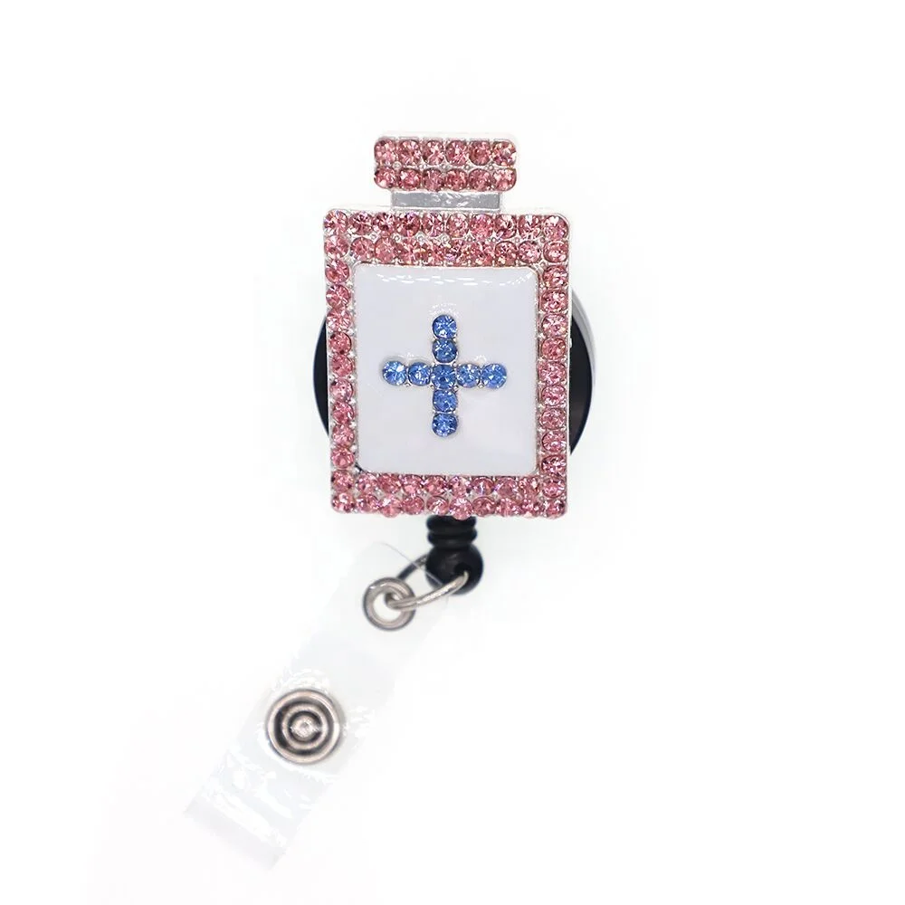 

Bling Pink Rhinestone Nurse Symbol Medicine Bottle Retractable ID Badge Holder Reel With Alligator Clips, Various, as your choice