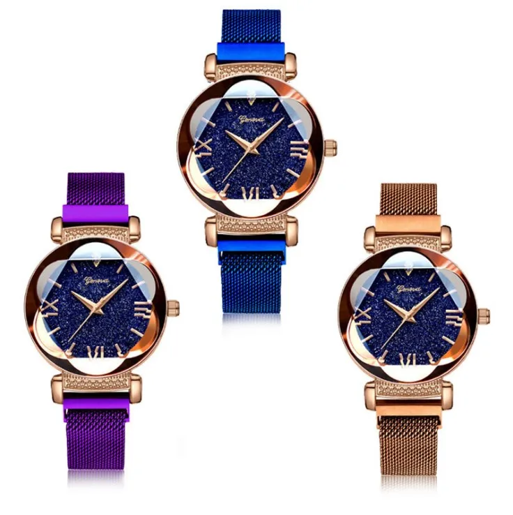 

Fashion Starry Sky Watch Magnetic Women Star Diamond Clock Ladies Stainless Steel Mesh Watch Waterproof Quartz Watch Wrist, As shown