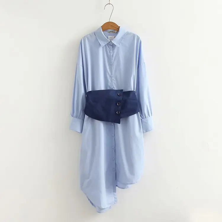 

Summer Women Casual Lapel Shirt Dresses Asymmetric two-piece Dress Long sleeved shirt, N/a