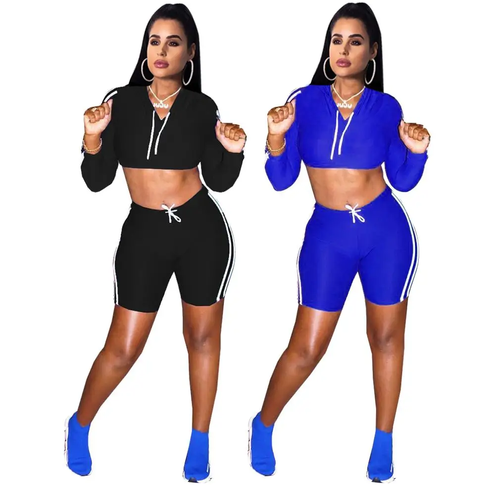 

women 2 piece set clothing stripe tracksuits long Sleeve hoodie crop top short pant jumpsuit, N/a