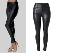 

Women's hot sale explosions high waist 3 button slim fit PU faux leather pencil pants KZ013