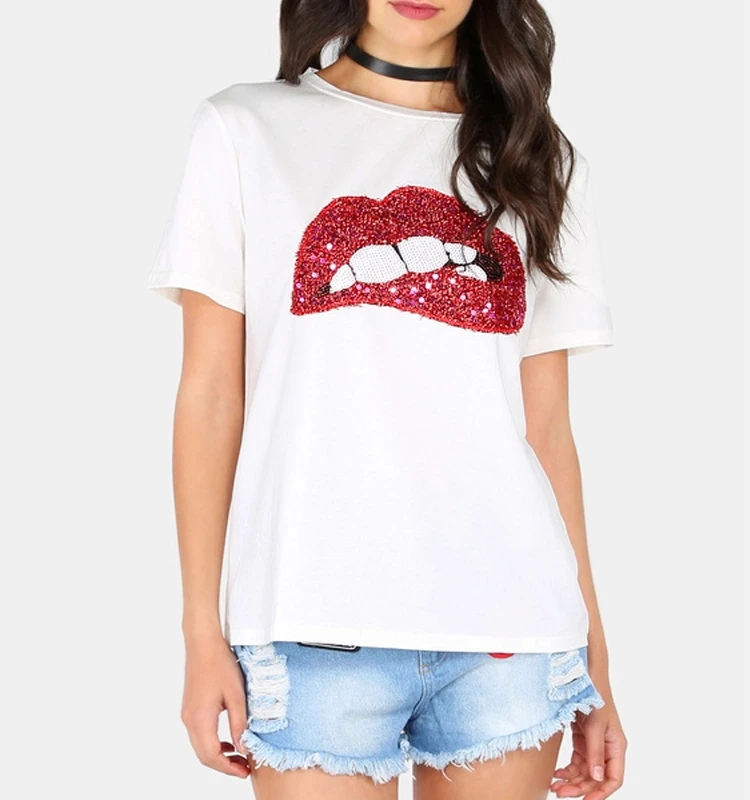

Custom Ladies Round Neck Sequins Lip Print White Tshirt Wholesale, Customized color