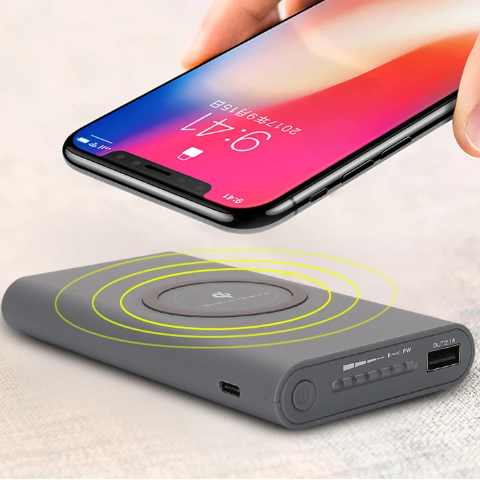 

Custom logo 10000mAh Qi wireless powerbank charger for iPhone & Android phone, Black / white / grey