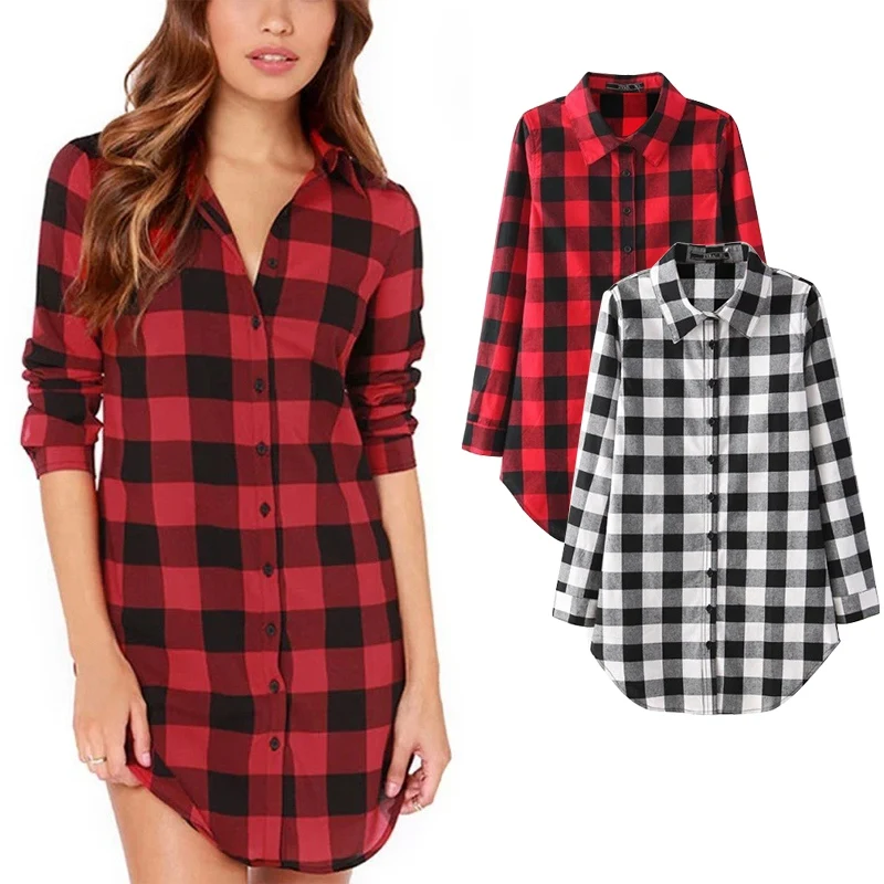 

Women Plus Size Blouses Long Shirts Single Breasted Plaid Cotton Shirt Wild Casual Streetwear Shirt