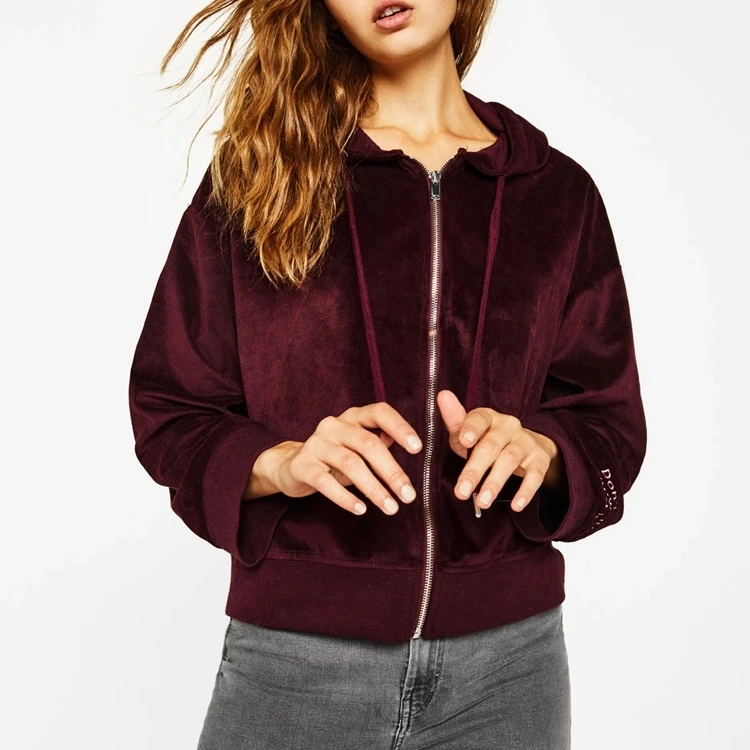 

OEM Custom Wine Red Velvet Zip Up Hoodie For Women Winter, Customized