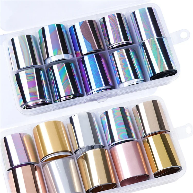 

10pcs/set Charm Nail Foils Polish Stickers Metal Color Starry Paper Transfer Foil Wraps Adhesive Decals Nail Art Decorations