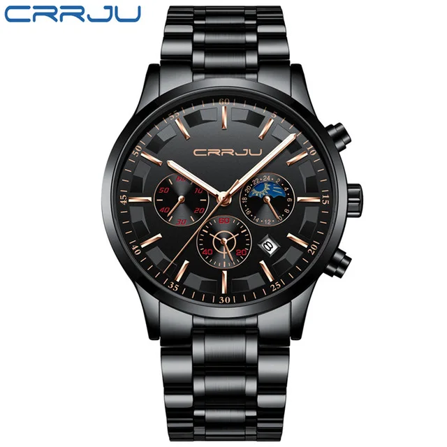 

CRRJU Men Stainless Steel Mesh Quartz Watch Waterproof Watch Multi-function Chronograph Date Display Wristwatch Black Relogio, 13 colors