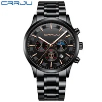 

CRRJU Men Stainless Steel Mesh Quartz Watch Waterproof Watch Multi-function Chronograph Date Display Wristwatch Black Relogio