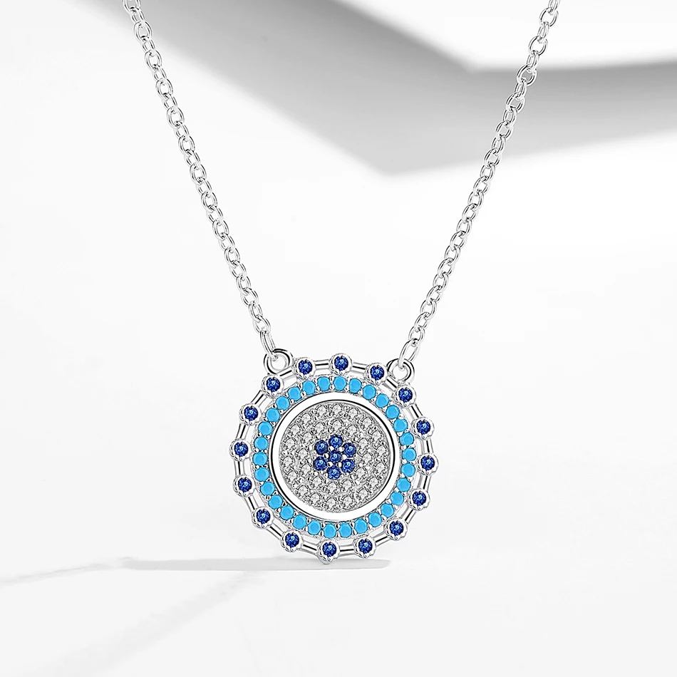 

2020 Women's Fashion Jewelry 925 Sterling Silver Round Shape Necklace Colorful Blue Eyes Pendant Necklace for Women