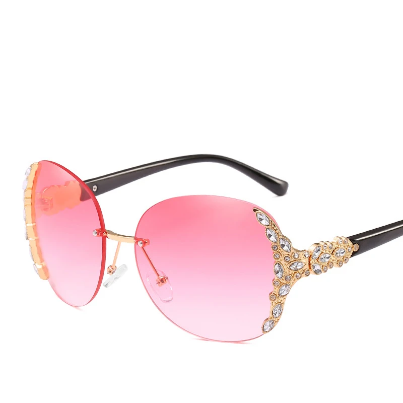 

New fashion custom private label sun glasses women elegant diamond shades band design oval rimless sunglasses