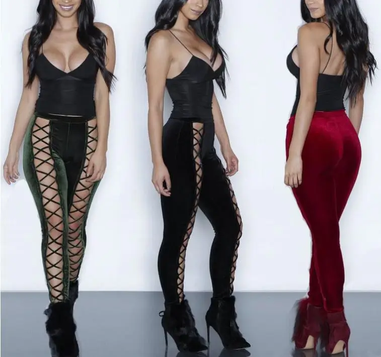 

Women hollow cross bandage tight pants velvet feet pants, Customized
