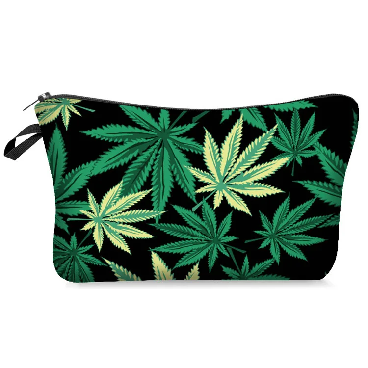 

3D Cosmetic Bag Weed Storage Bag Digital Printing Background Green Plant Cannabis Leaf Black Fashion Zipper Polyester