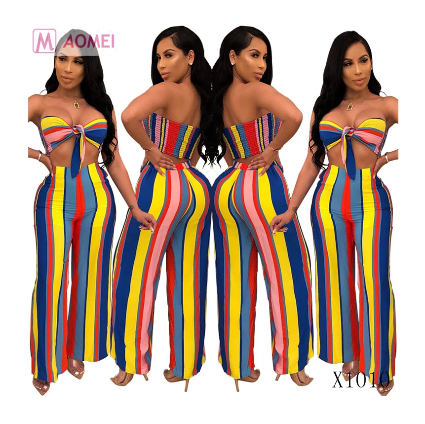 

X1010 2020 Summer women striped sexy top and pants two piece set