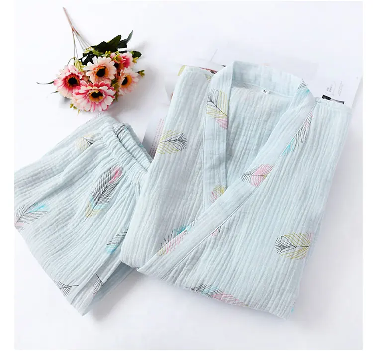 

OEM Wholesale 100% cotton gauze two-layer muslin Kimono Robes women two-piece set printed pajamas women's sleepwear, Customized color