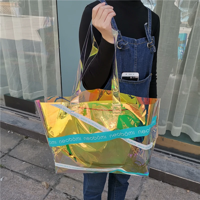 

Hot sale laser custom holographic pvc beach jelly tote bag with handle, Laser/ hologram