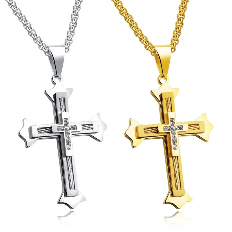 

Cross pendant Christian titanium steel necklace personality hipster Stainless steel cross pendant necklace, White and gold