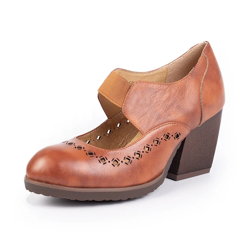 

National Style Leather Upper Material Ladies High Heel Shoes, Brown Block High Hill Shoes