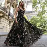 

Women Elegant Embroidery Prom Evening Sheer Mesh Boho Lace Floral Sexy Deep V-Neck Summer Long Party Wear Dresses