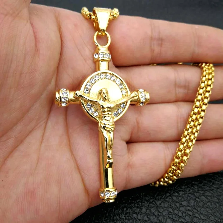 

Mens 24 Inch Stainless Steel Gold Cross Jesus Piece Necklace, 18k gold, silver