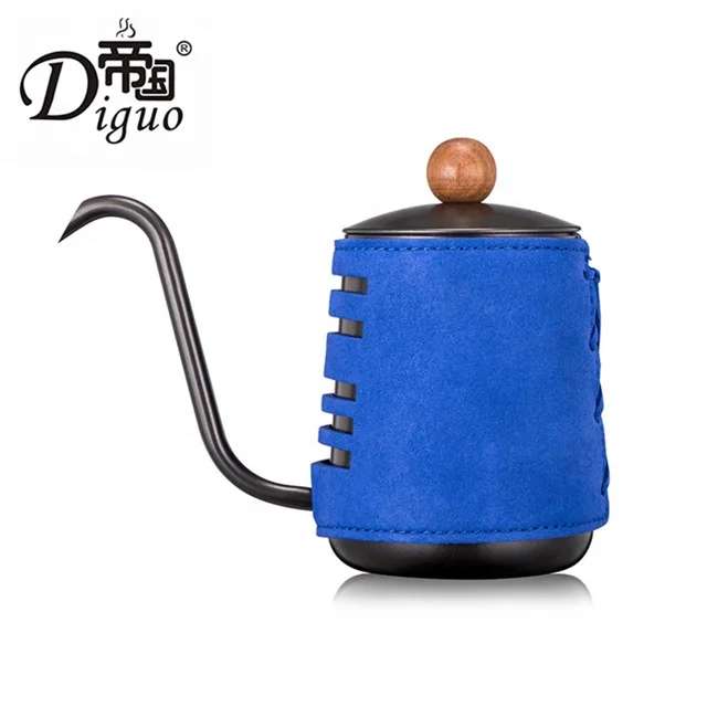 

Amazon Hot Style 350ml 12Oz Blue Leather Wrapped Stainless Steel Gooseneck Pour Over Coffee Kettle