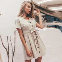 

Simplee Vintage button women dress shirt V neck short sleeve cotton roupas femininas Casual korean vestidos 2019 formal dress