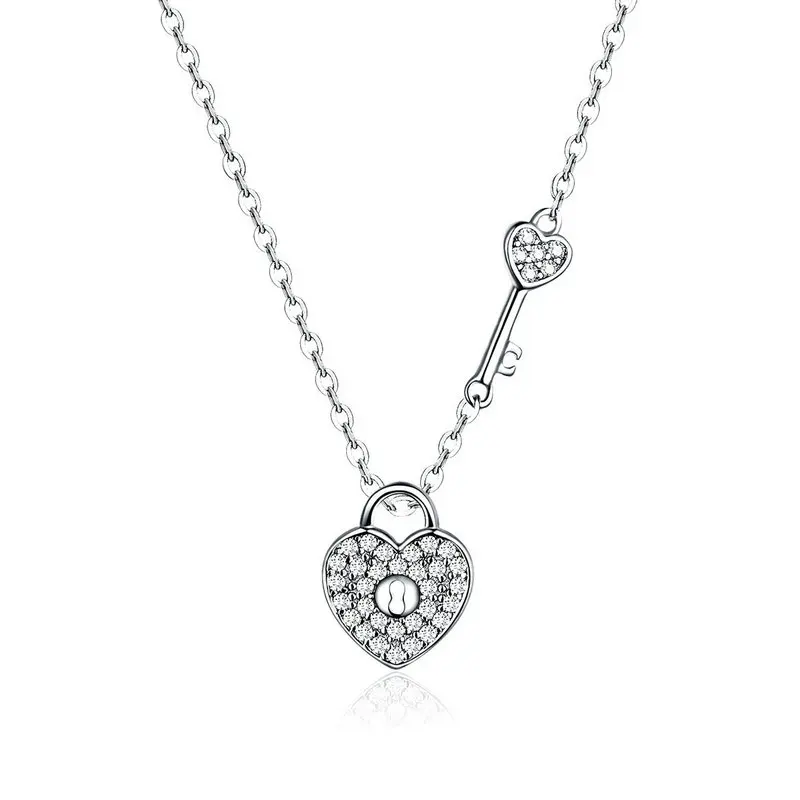 

New Trendy 925 Sterling Silver Clear CZ Heart Lock and Key Link Chain Choker Necklace