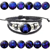 

12 Zodiac Bracelet Constellations Mens Bracelets beaded Handmade Charm Leather Bracelet Punk Rock Women Jewelry