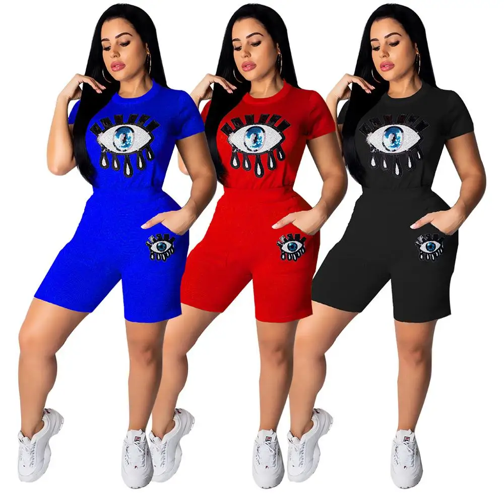 

Women 2 Piece Outfits Short Sleeve Eyes Print Top and Pocket Bodycon Short Pants Sportwear Tracksuits Set