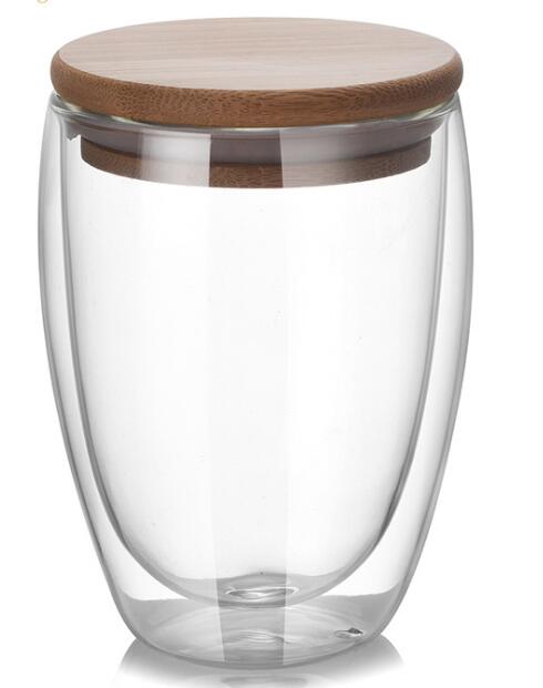 

350ml double wall glass cup with bamboo lid, Transparent clear