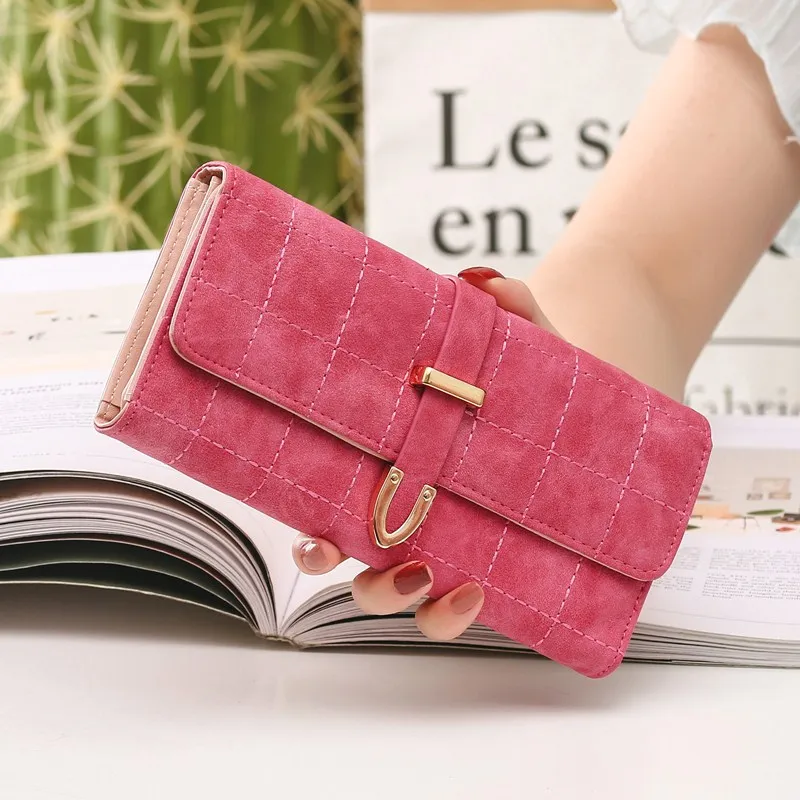 

New Fashion Women Wallets Drawstring Nubuck Leather Zipper Wallet Women's Long Design Purse Two Fold More Color Clutch, 5colors for choice