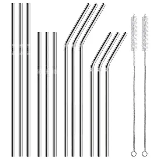 

12-Pack Stainless Steel Metal Straws Reusable with 2 Cleaning Brushes - Curved Drinking Straws for gift, Natural