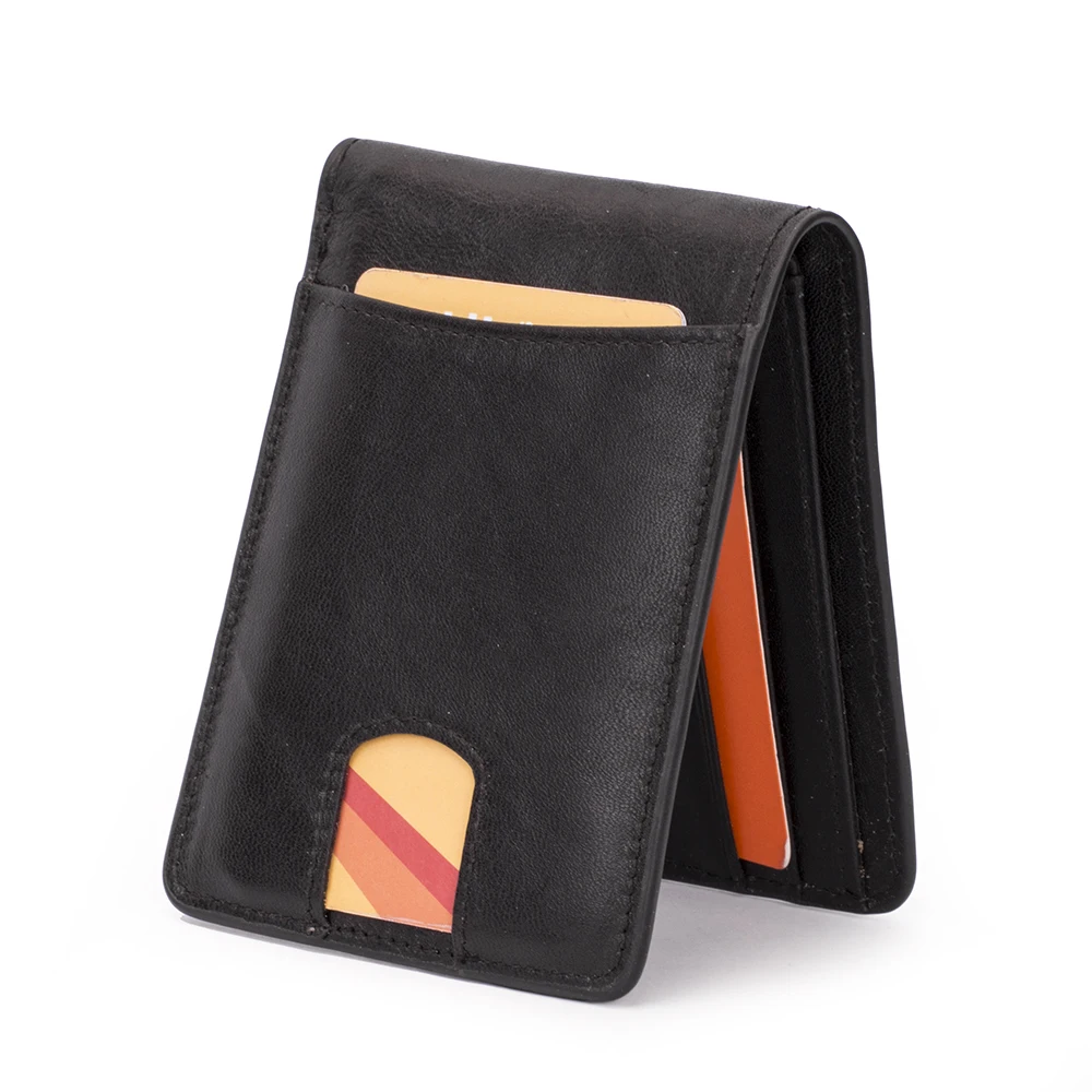 

Wholesale Top Grain Cow Leather Personalized Custom Wallet Credit Card Holder RFID Blocking Small Purse for Men, Black