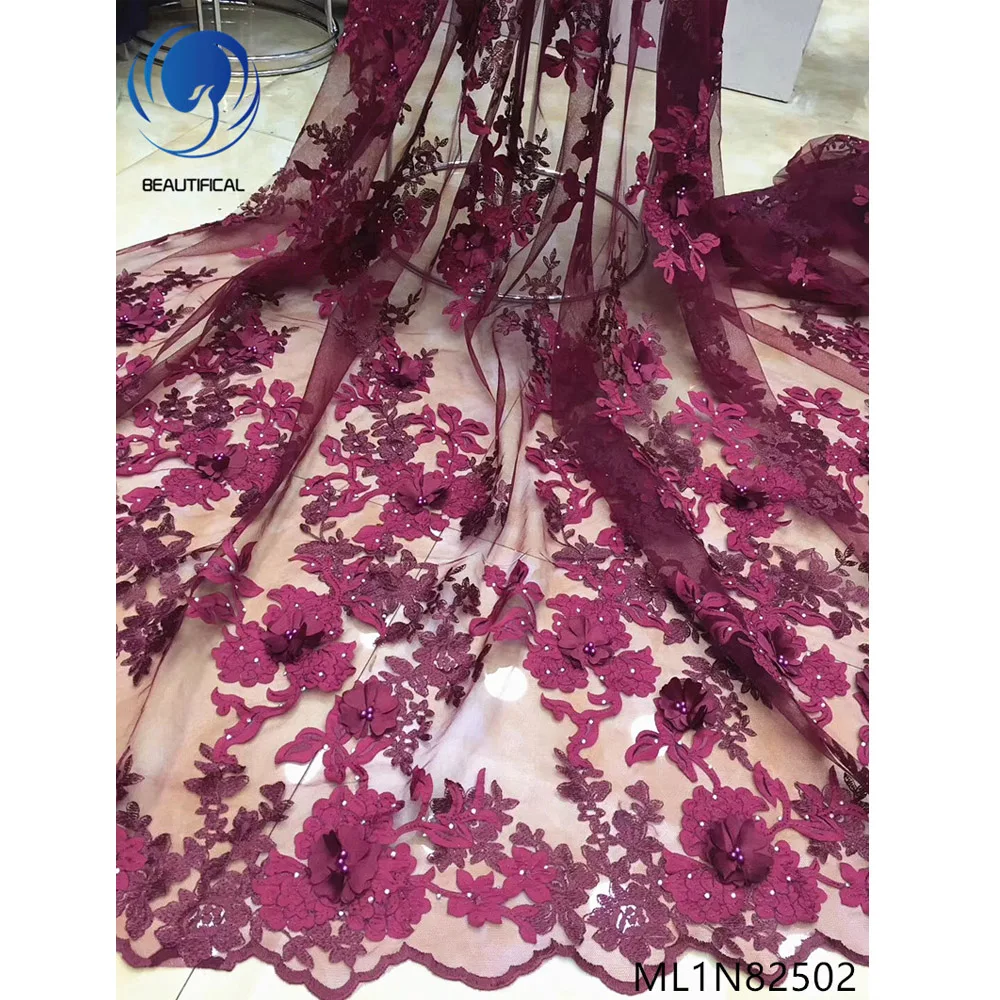 

Beautifical french beads bridal clothing fushia pink rhinestones tulle 3D flower net lace ML1N825, Can be customized