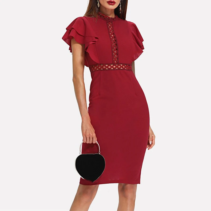 

Burgundy Red High Waist Vintage Ruffle Sleeve Lady Bodycon Dress Elegant Retro Party Lace Eyelet Hem Slit Dresses New