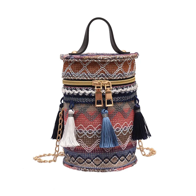 

2021New Designs Boho Ethnic Style Ladies Straw Beach Handbag Chain Crossbody Bag Tassel Round Bucket Shoulder Bags, Customizable