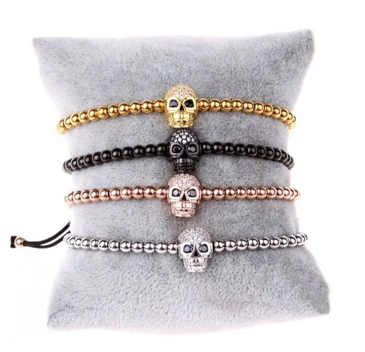 

High quality fashion real gold plating CZ diamond skull head macrame bracelet